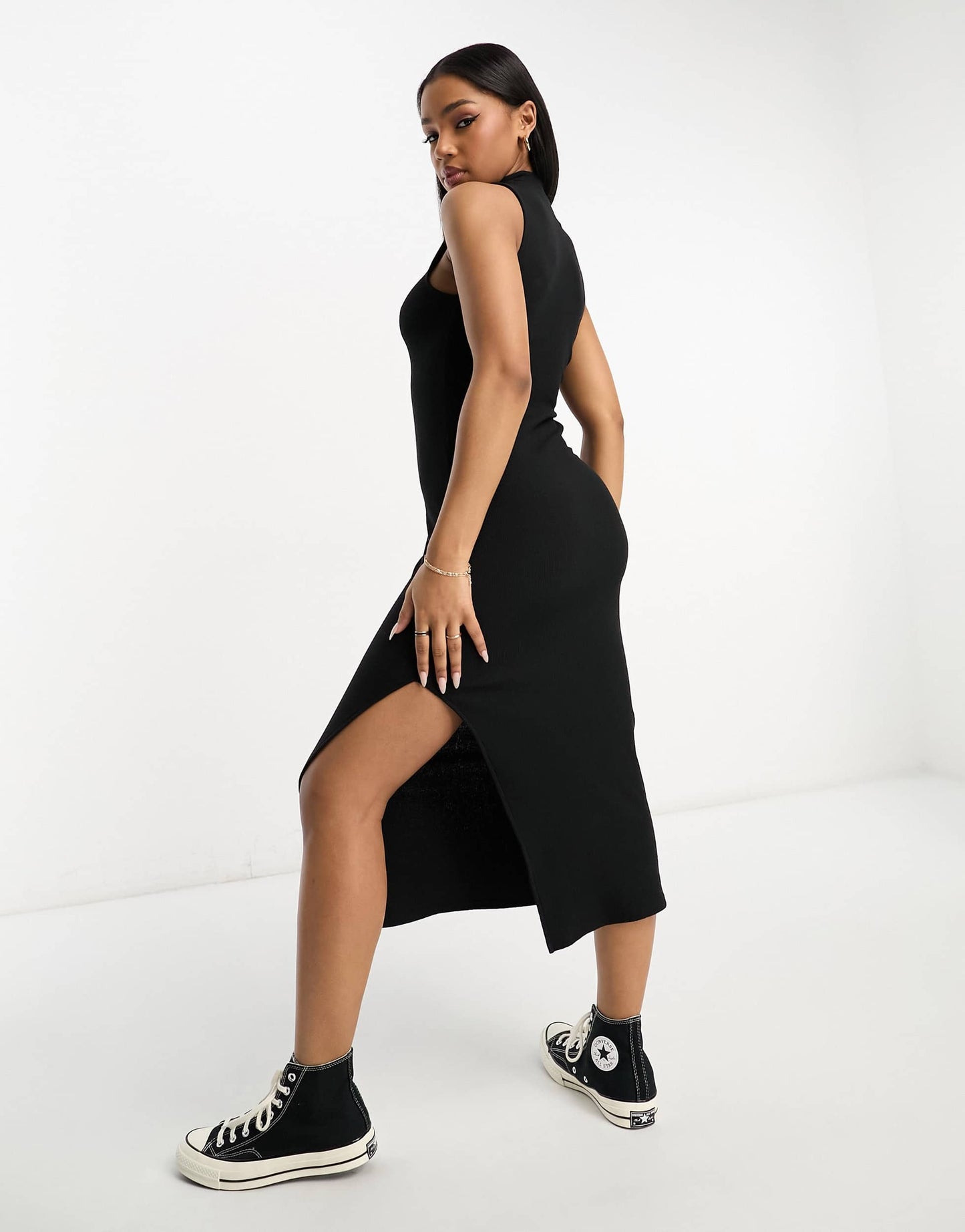 Stradivarius sleeveless midi dress in black