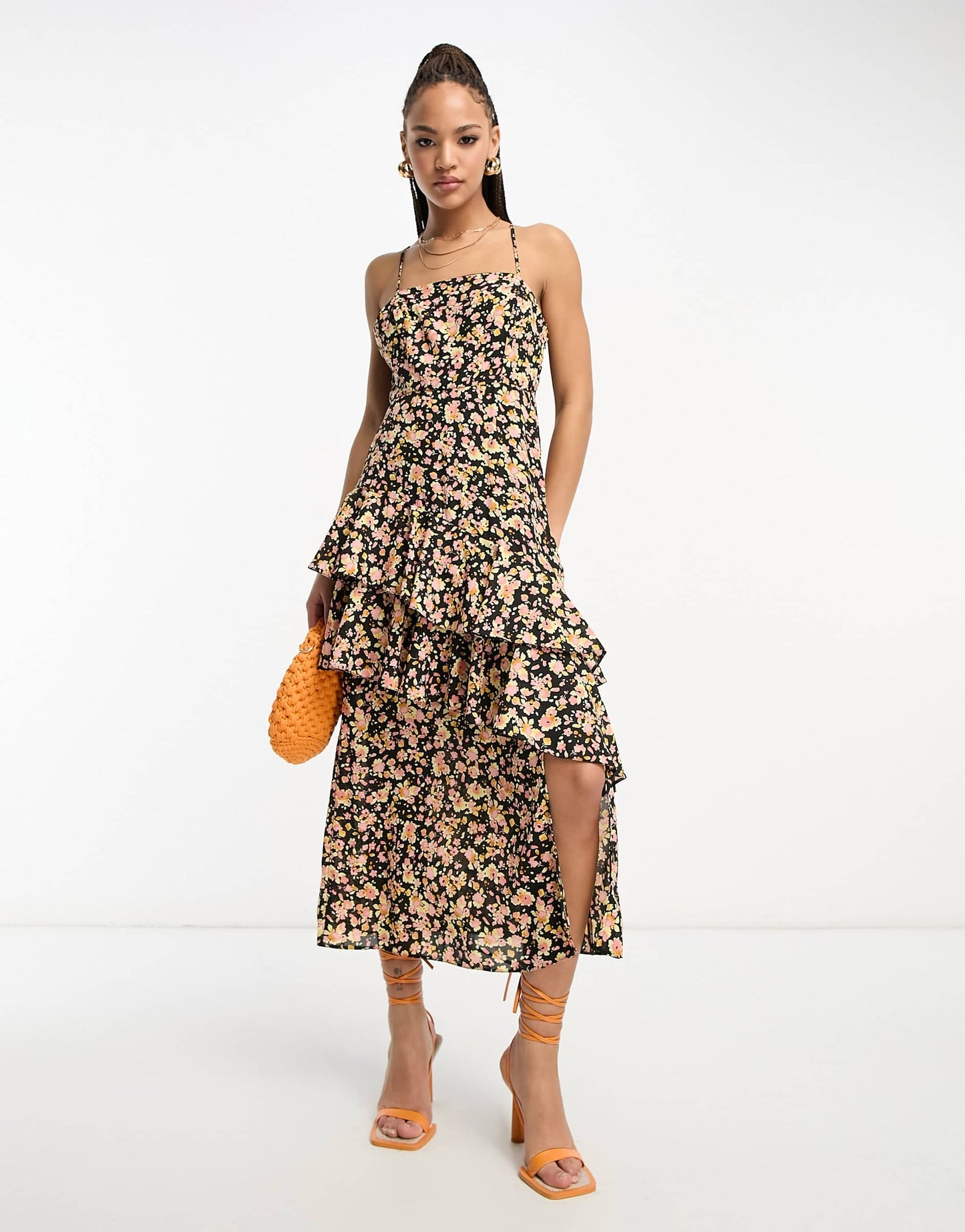 New Look ruffle midi dress in black floral print