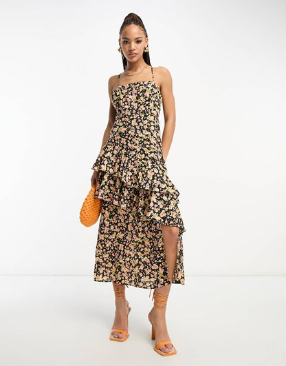 New Look ruffle midi dress in black floral print