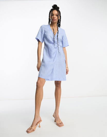 & Other Stories linen mix mini wrap dress in blue