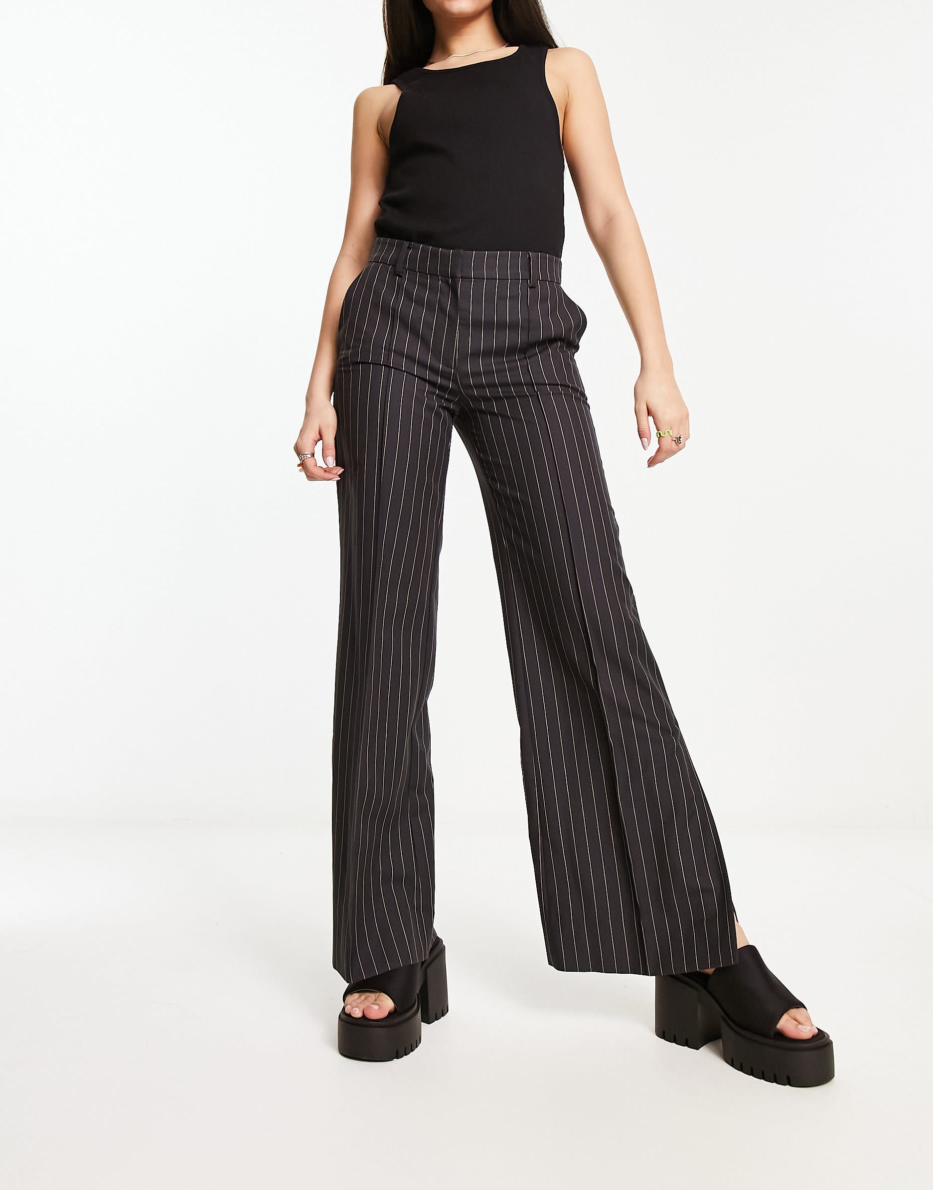 Weekday Kylie flared trousers in dark grey pinstripe