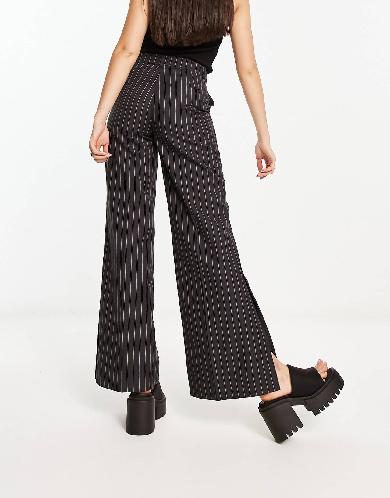 Weekday Kylie flared trousers in dark grey pinstripe