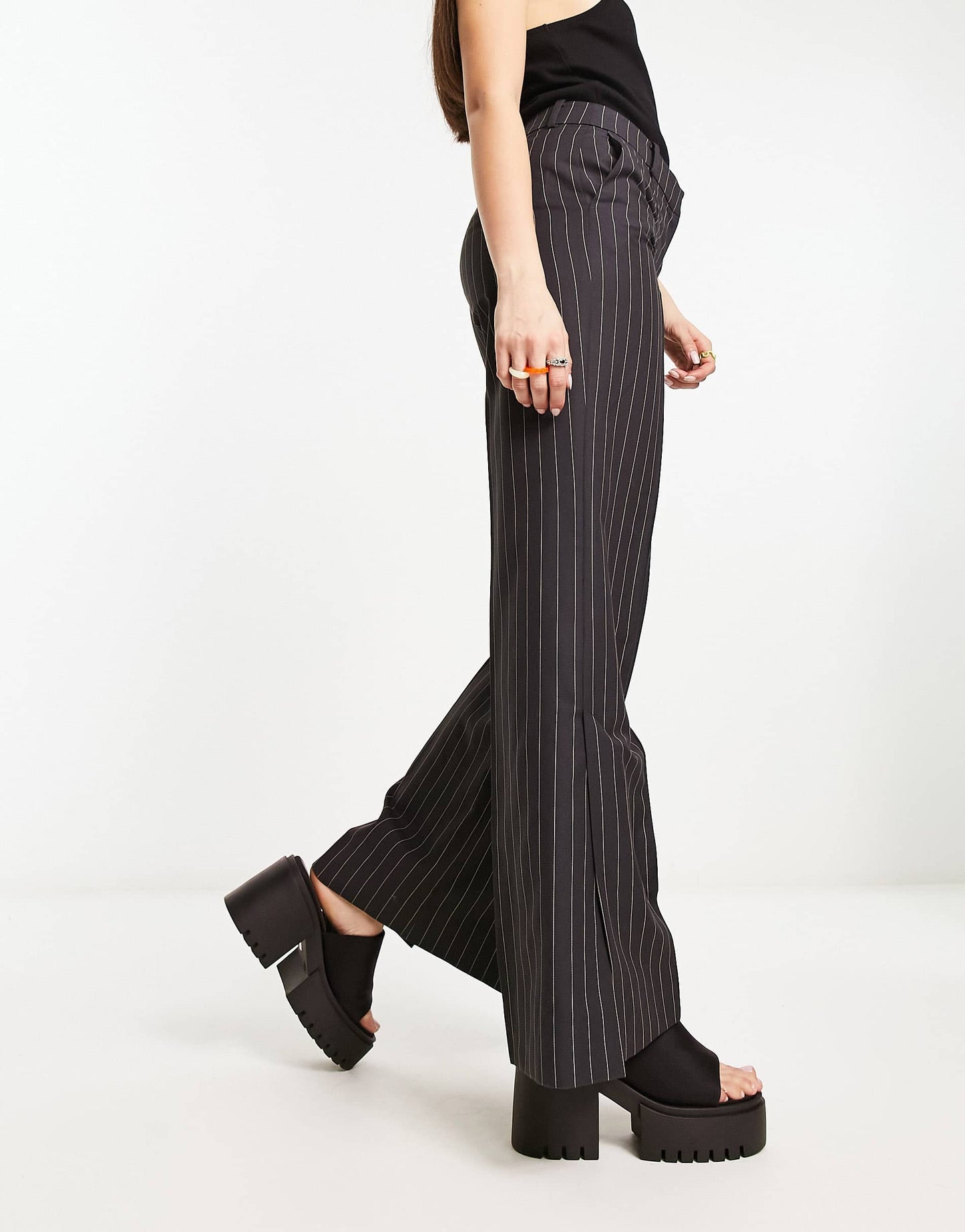 Weekday Kylie flared trousers in dark grey pinstripe