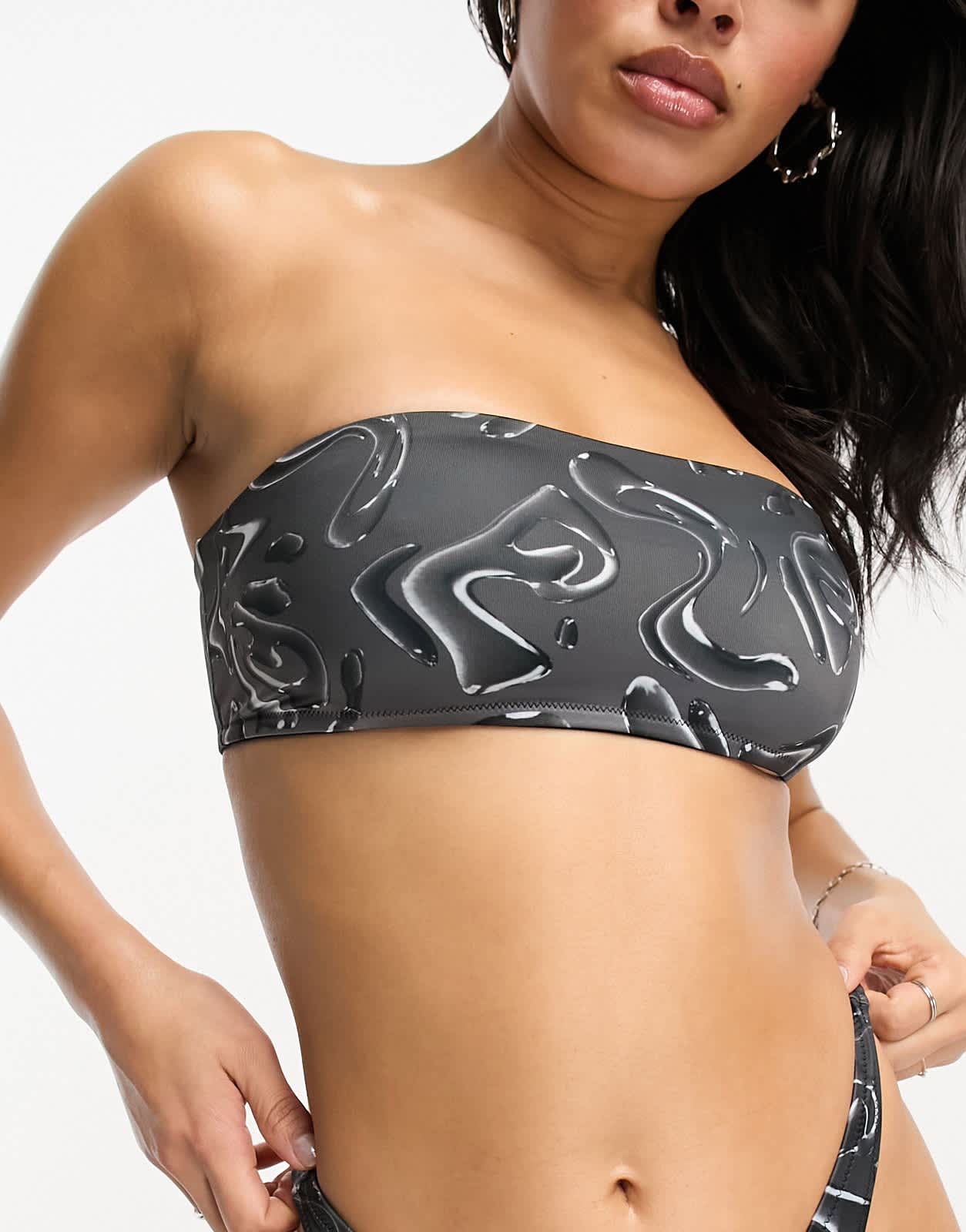 Weekday Sting bandeau bikini top in black ripple print