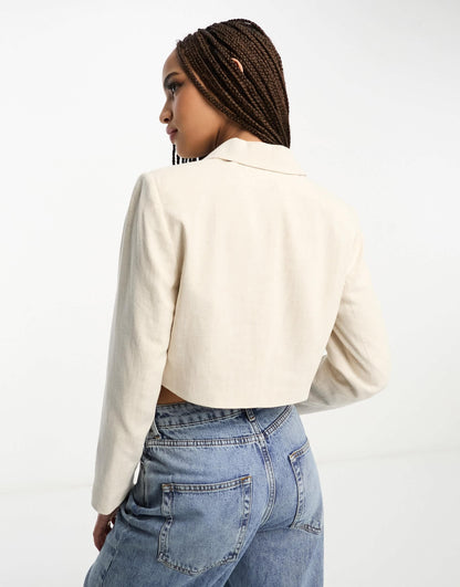 Stradivarius cropped linen blazer in natural