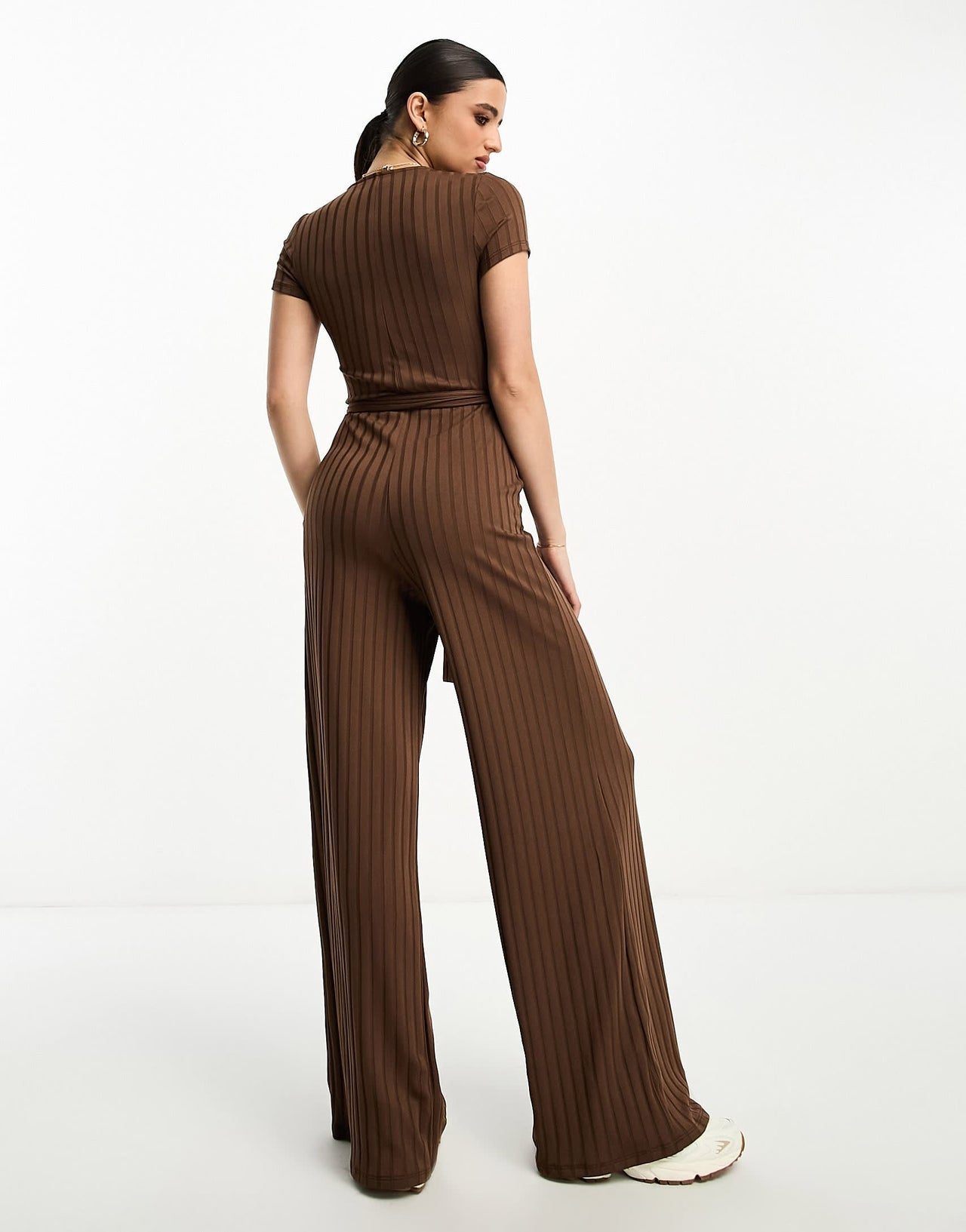 ASOS DESIGN jersey rib wide leg jumpsuit with short sleeves in brown