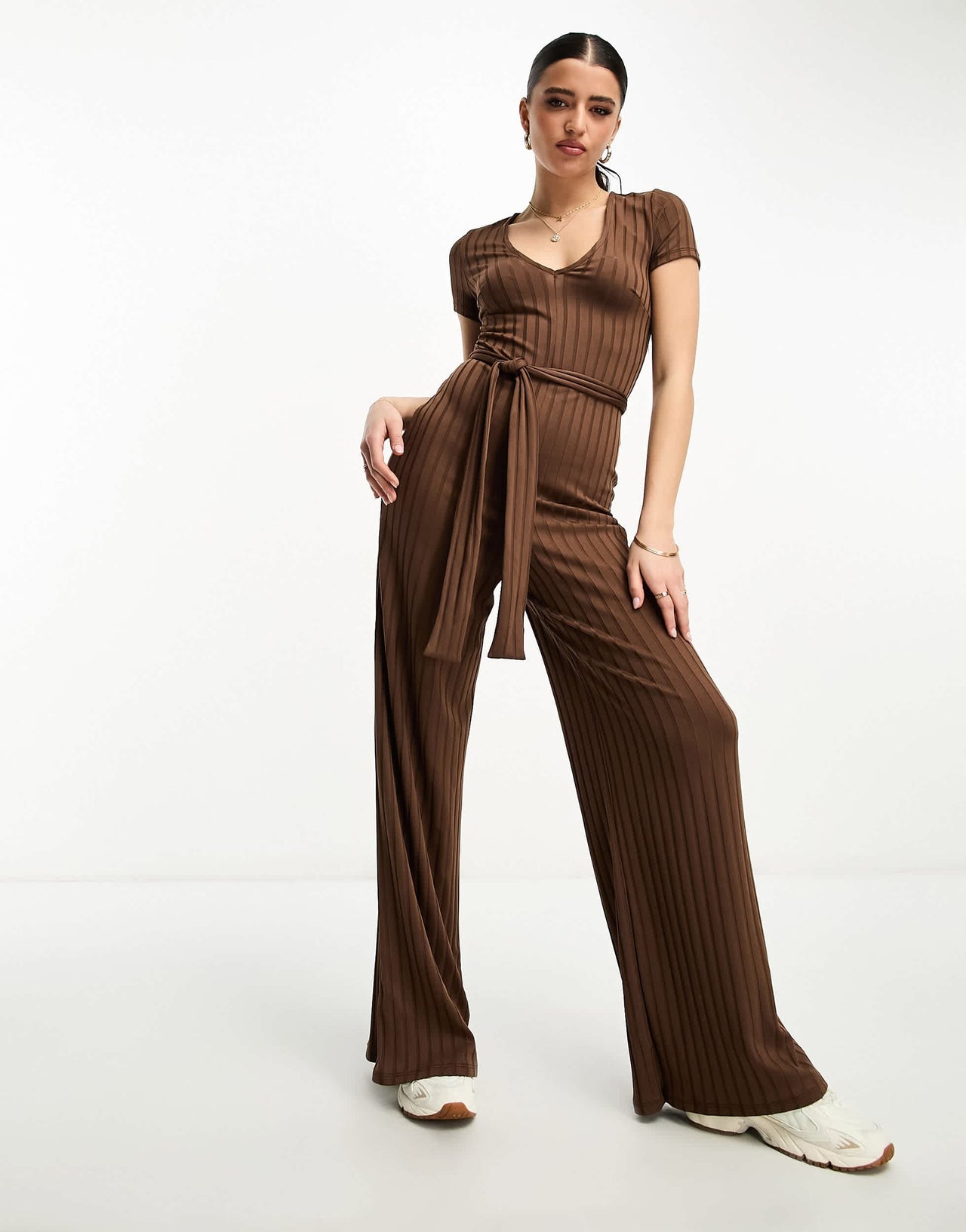ASOS DESIGN jersey rib wide leg jumpsuit with short sleeves in brown