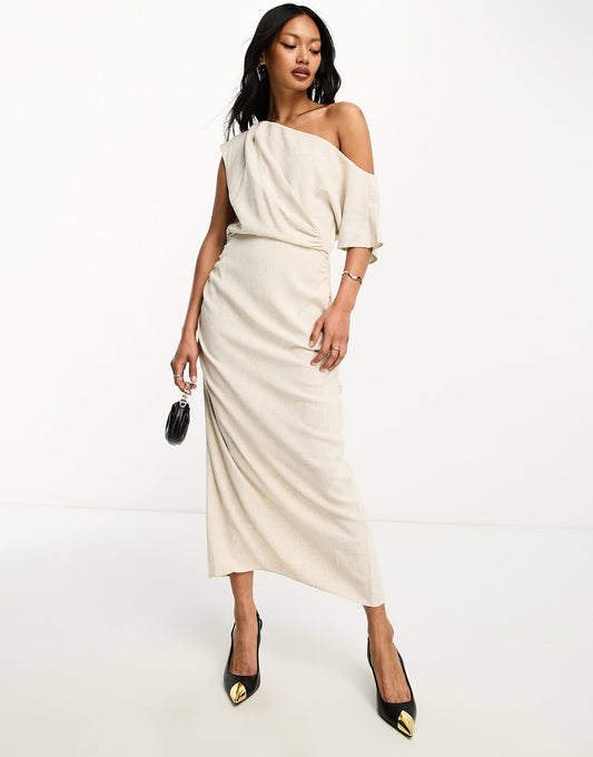 ASOS DESIGN linen fallen shoulder ruched midi dress in oatmeal