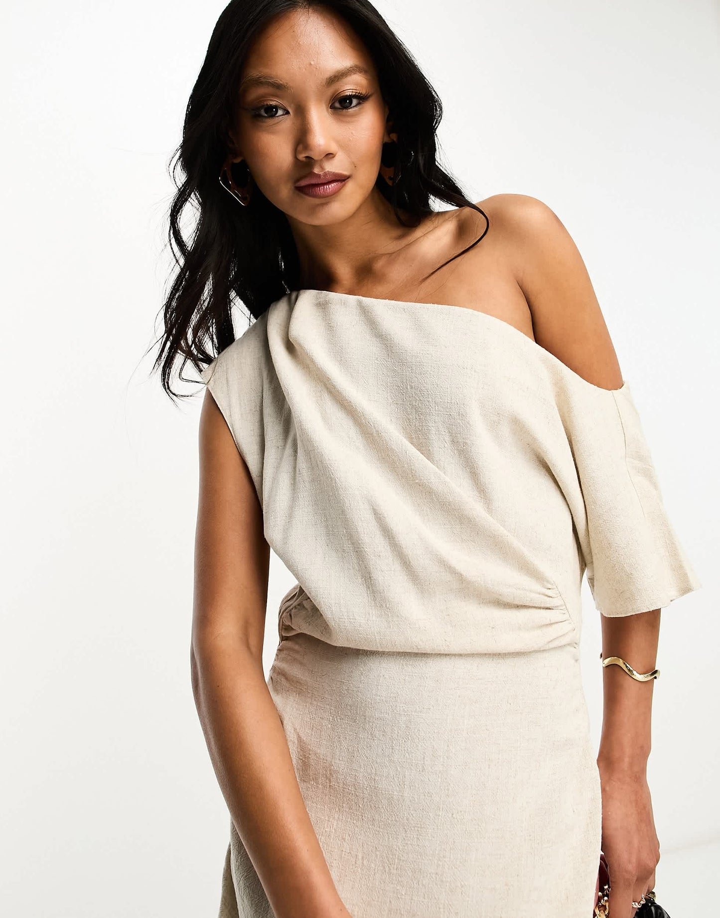ASOS DESIGN linen fallen shoulder ruched midi dress in oatmeal