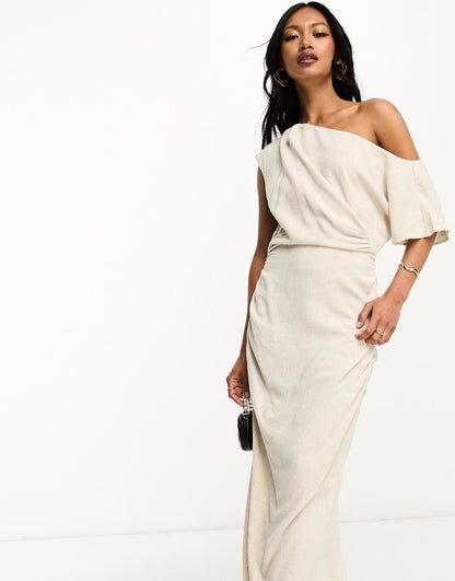 ASOS DESIGN linen fallen shoulder ruched midi dress in oatmeal