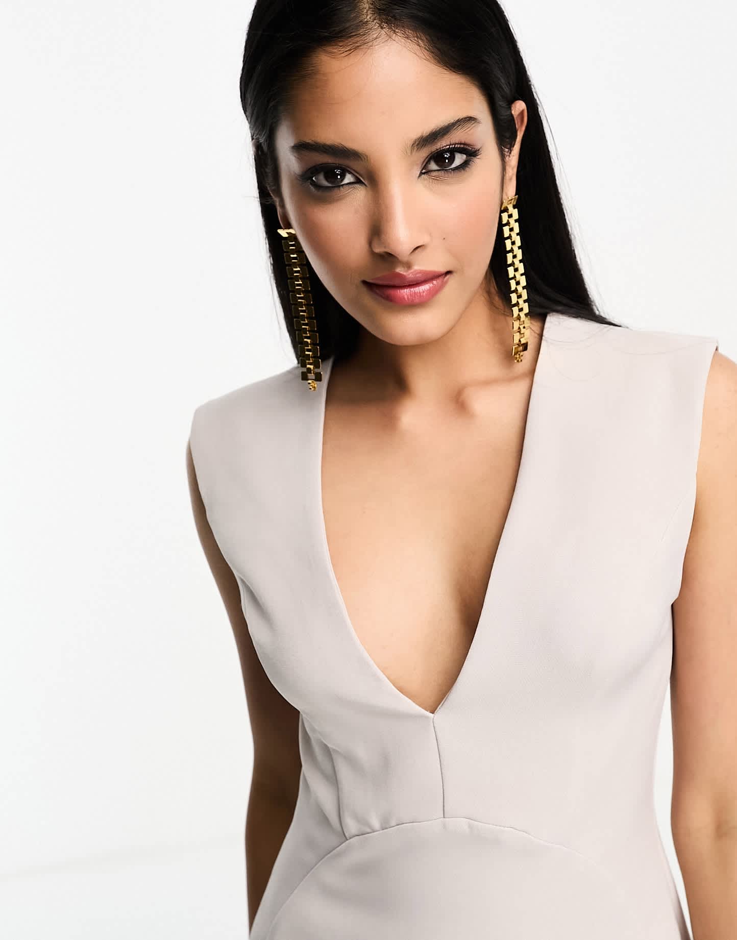 ASOS DESIGN sleeveless plunge neck mini dress with curved waist seam in stone
