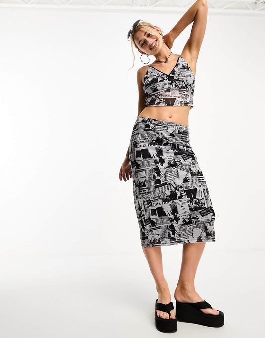 Fire & Glory midaxi skirt co-ord in newspaper print