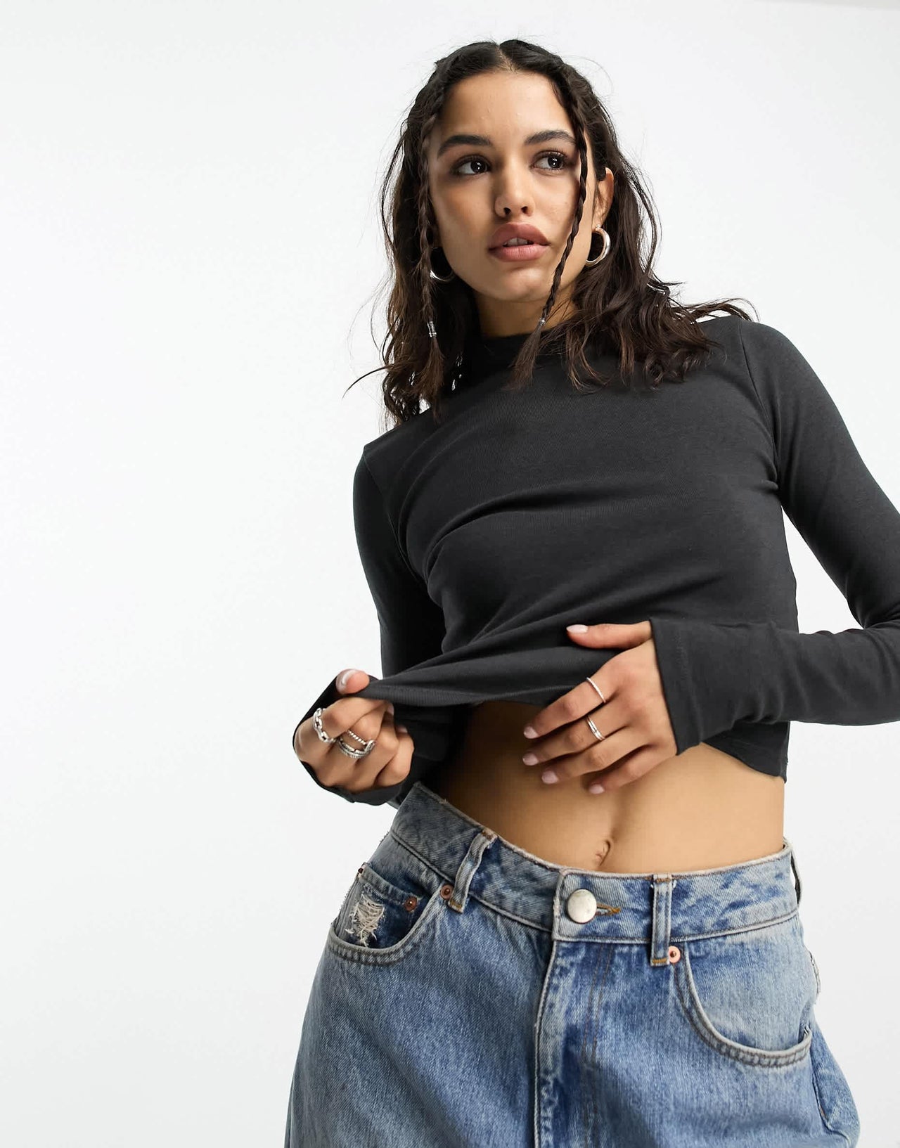 Bershka high neck long sleeve crop top in charcoal
