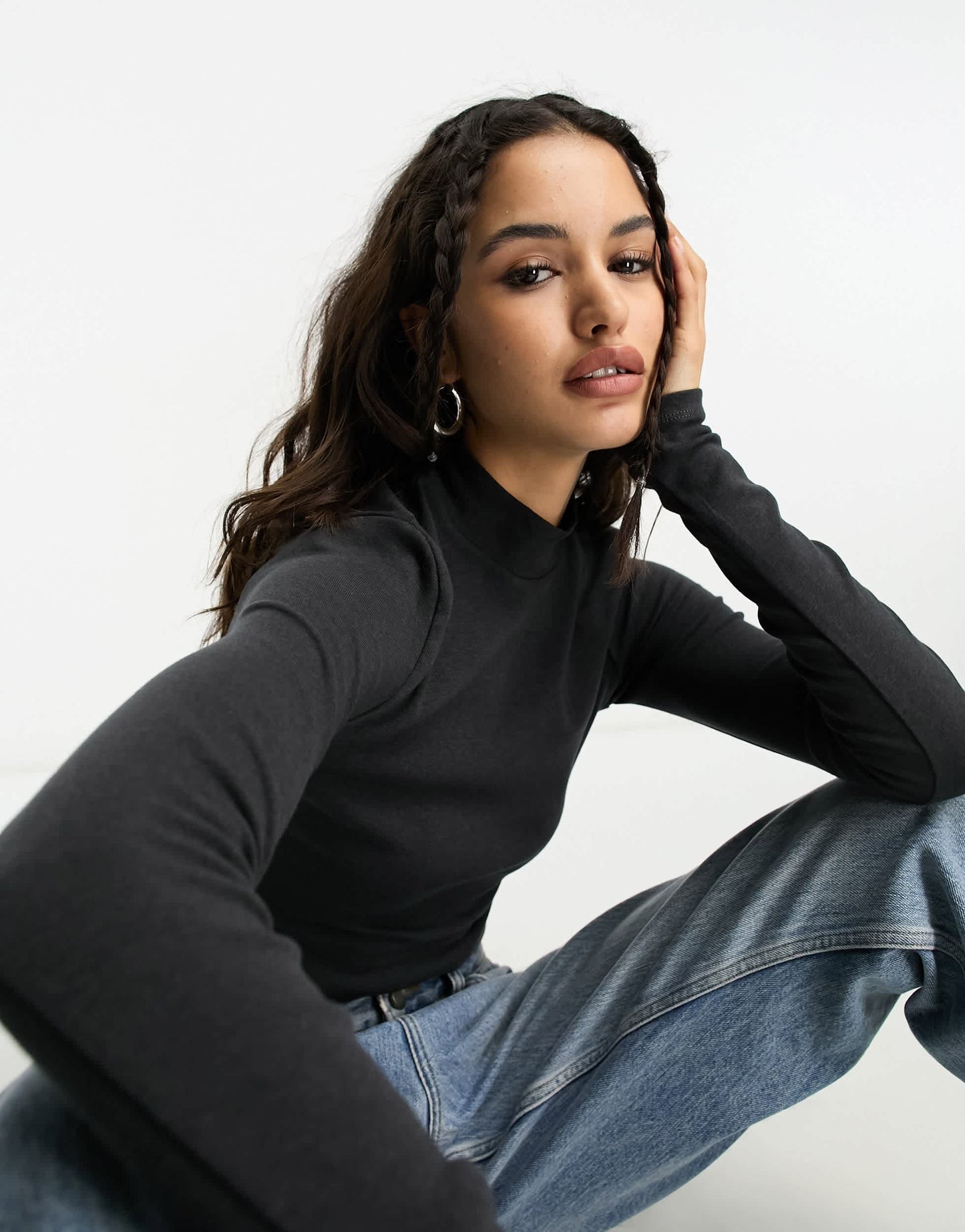 Bershka high neck long sleeve crop top in charcoal
