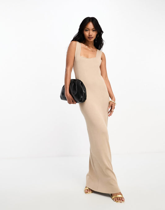 Y.A.S structured soft knitted strappy maxi dress in beige