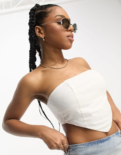 Pull&Bear bandeau handkerchief hem linen look top in white