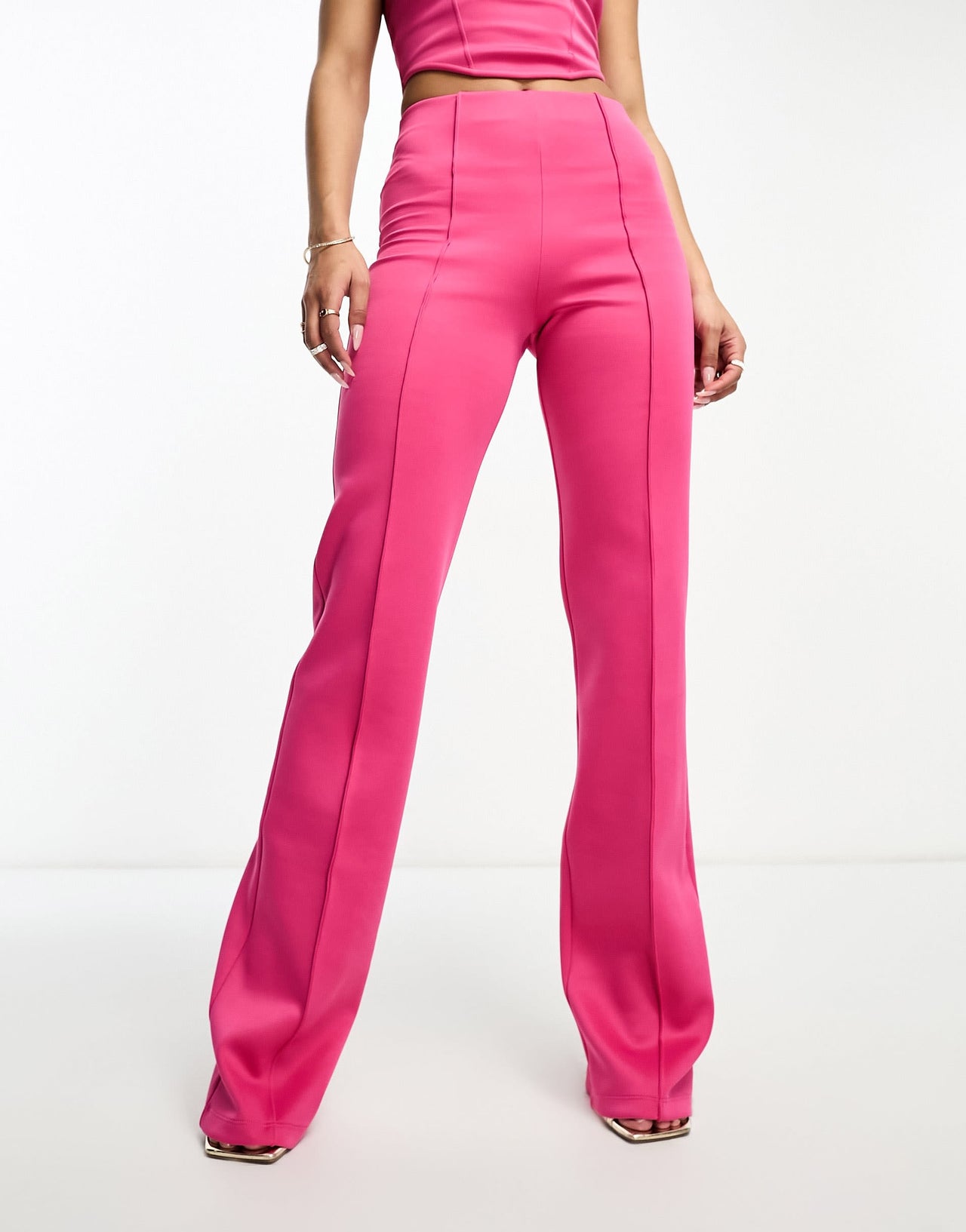 ASOS DESIGN co-ord fitted straight leg trouser with pintucks in pink in scuba-style fabric