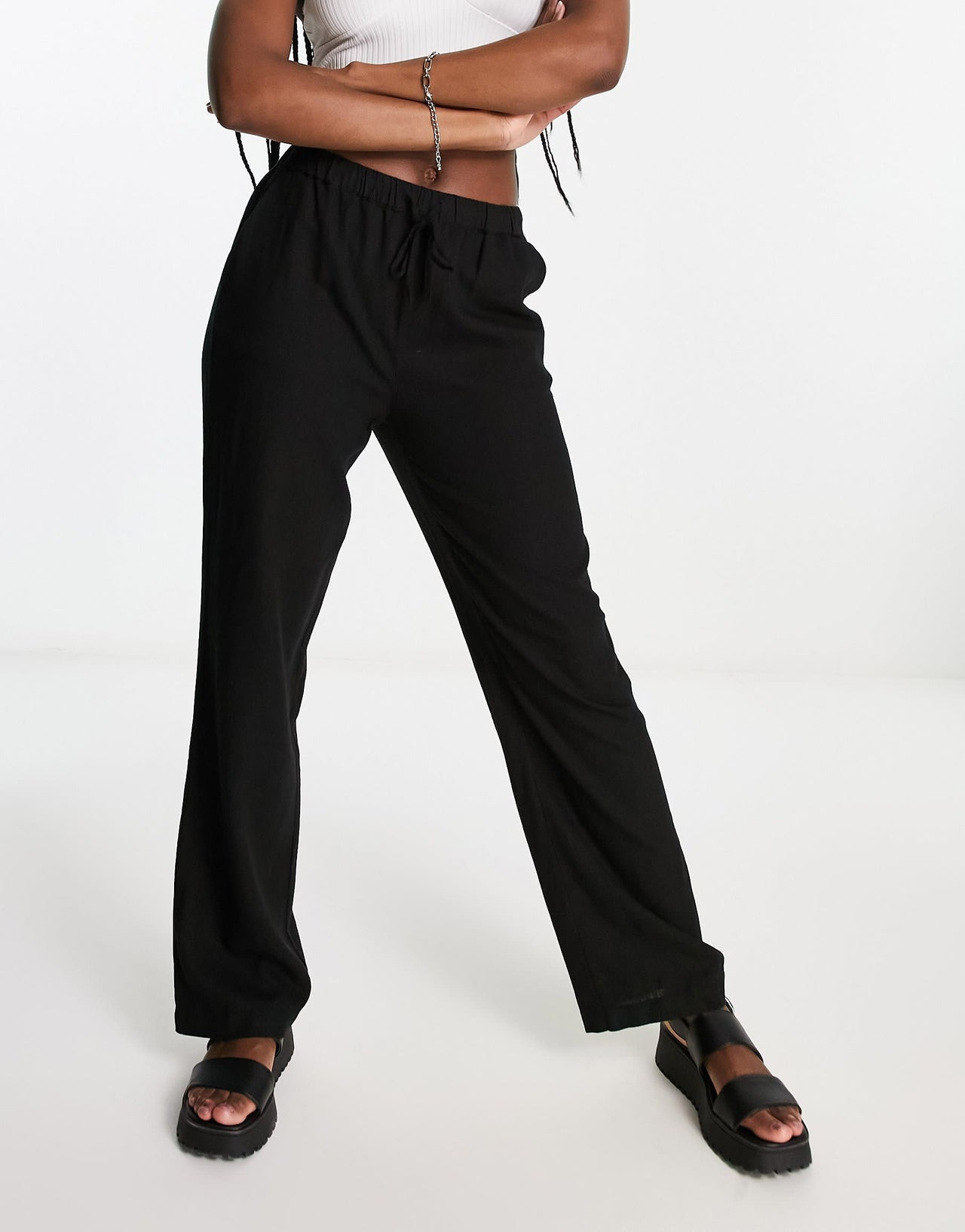 Pull&Bear high waisted linen trousers in black