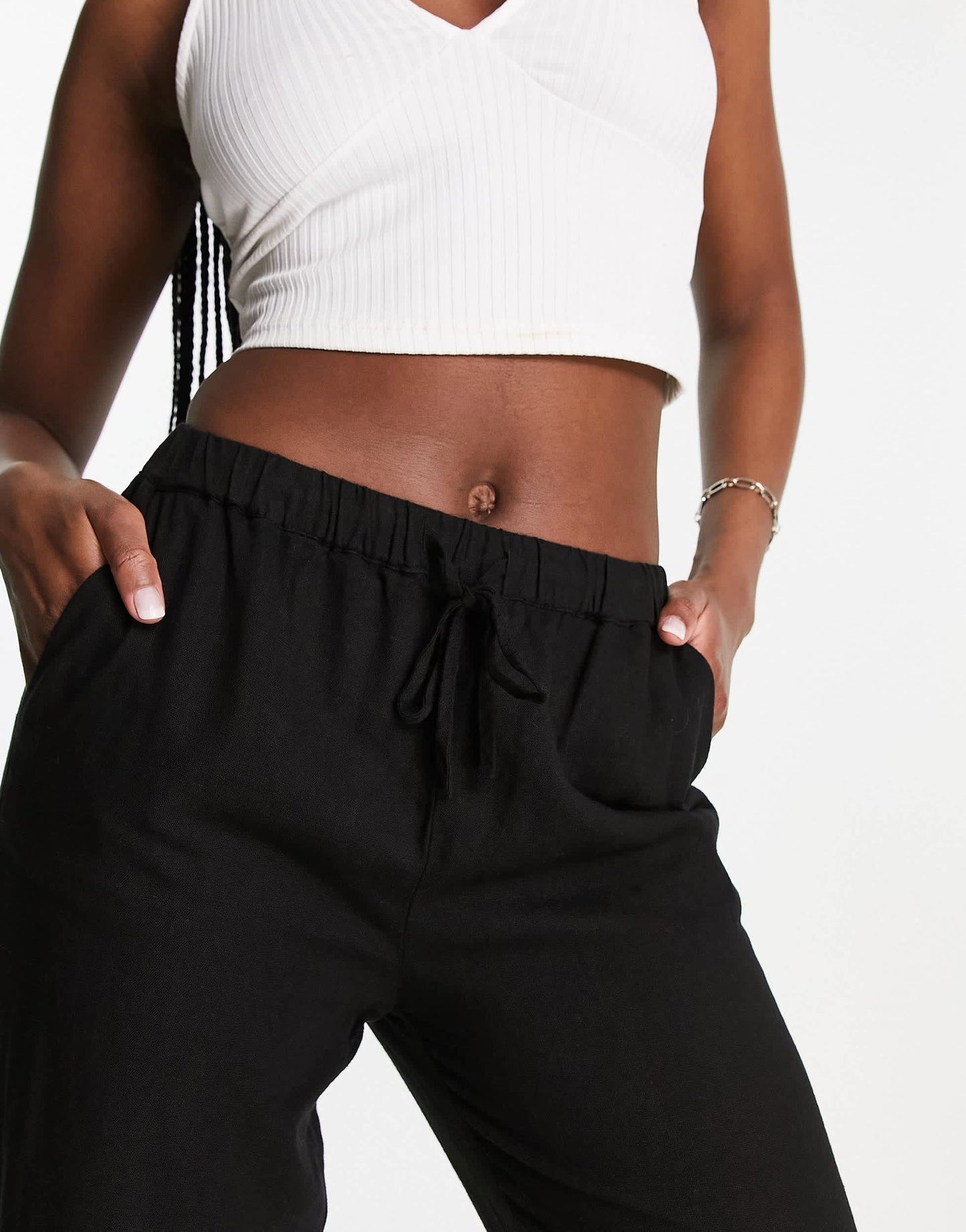 Pull&Bear high waisted linen trousers in black