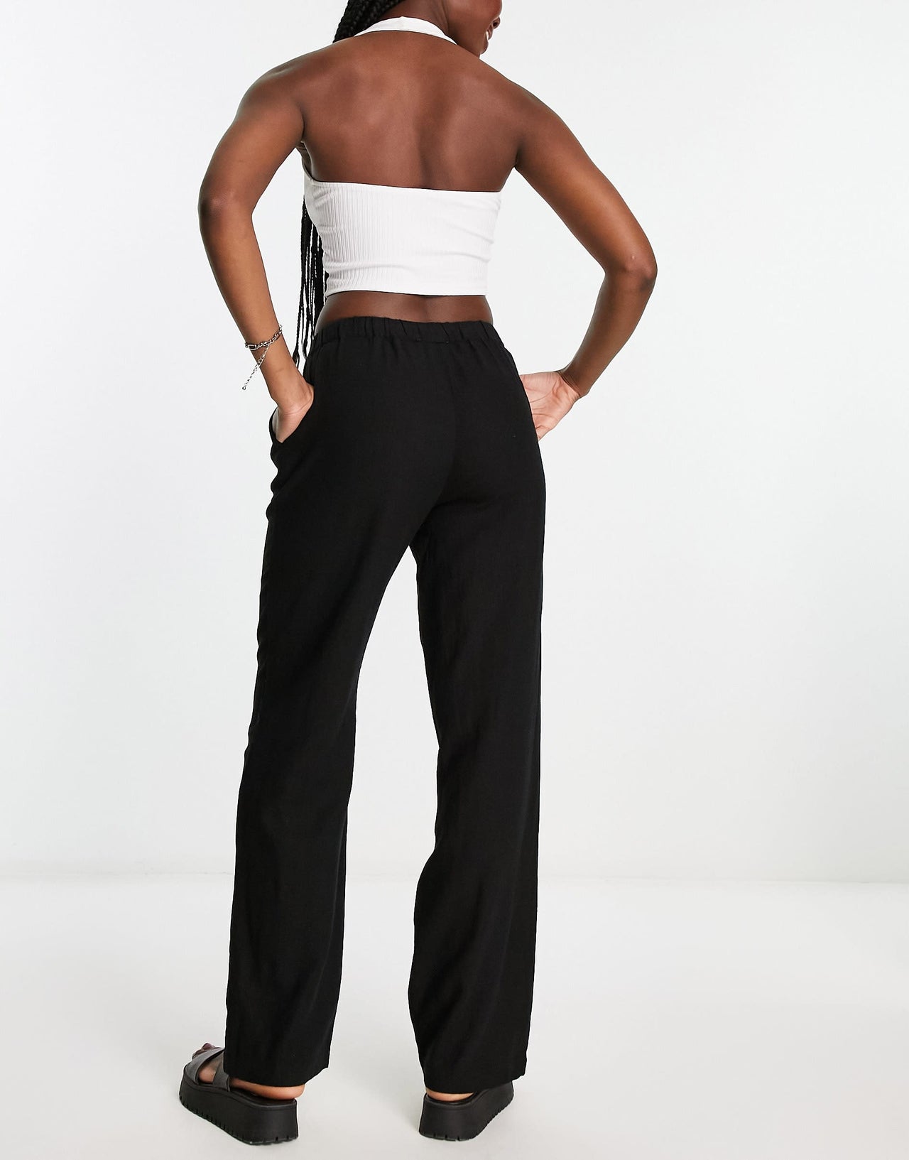 Pull&Bear high waisted linen trousers in black