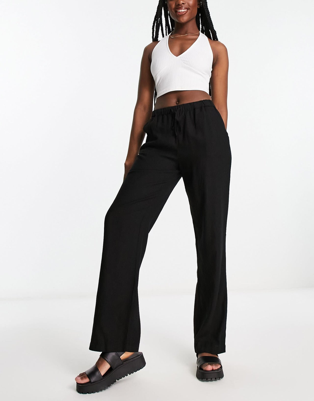Pull&Bear high waisted linen trousers in black