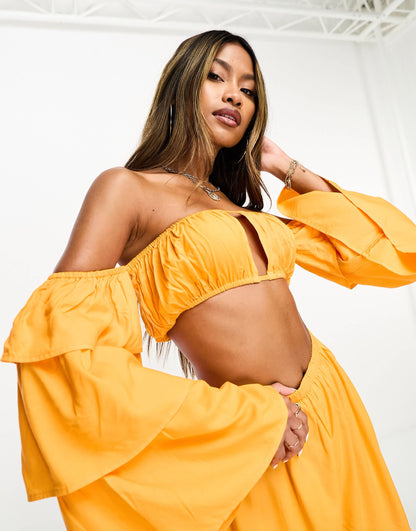 ASOS DESIGN ruffle sleeve beach co-ord crop top in orange