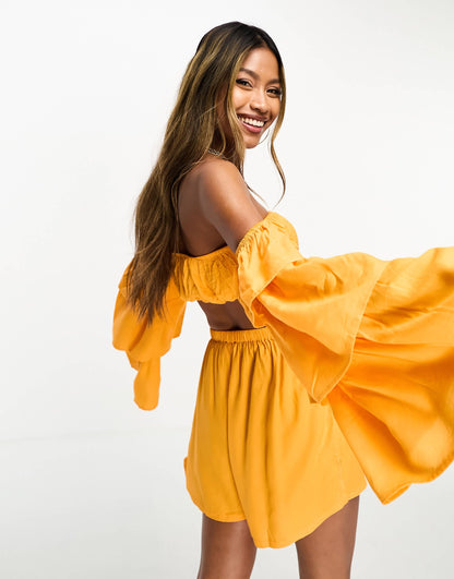 ASOS DESIGN ruffle sleeve beach co-ord crop top in orange