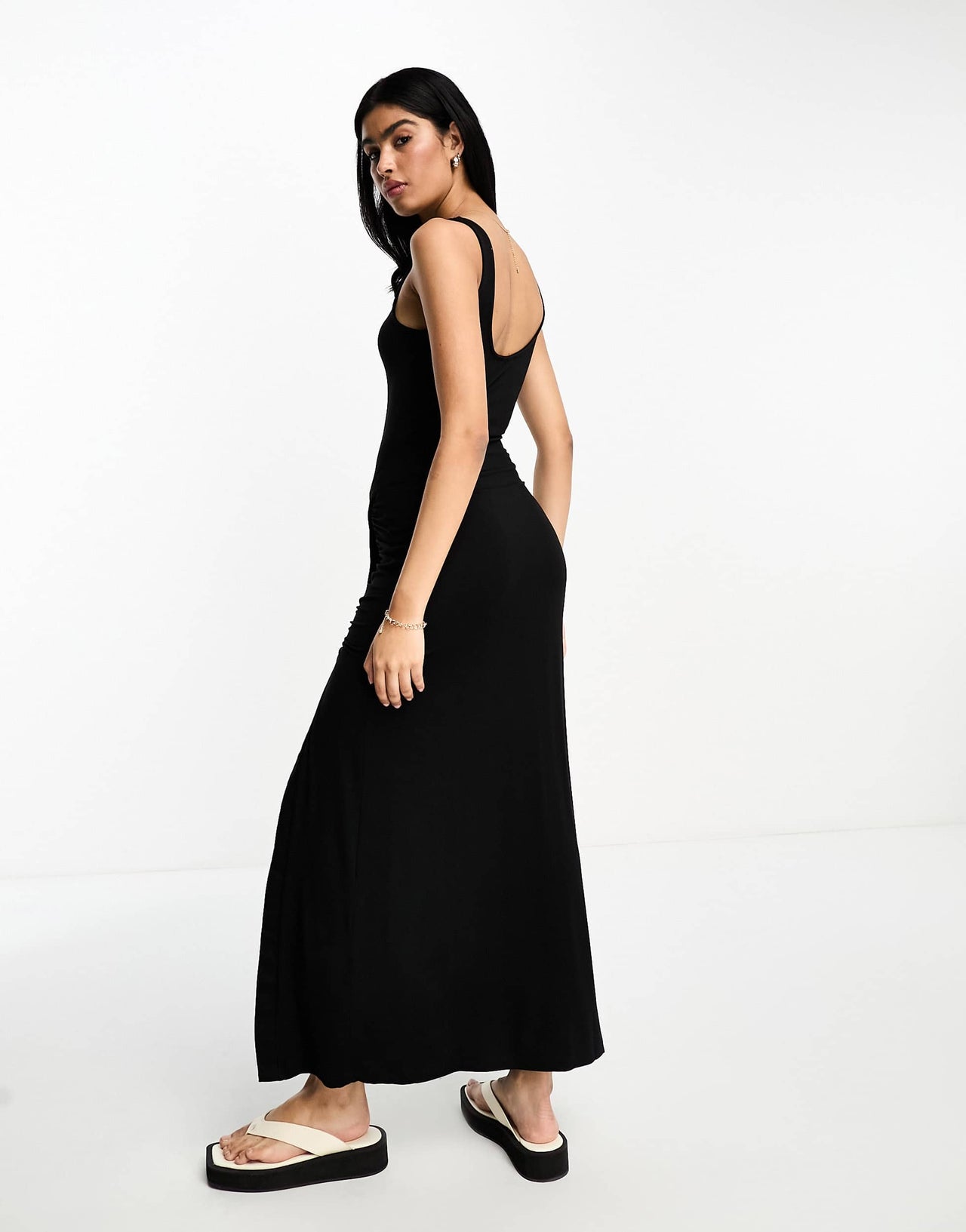 ASOS DESIGN scoop drape midi dress with ruched seam and poppers in black - BLACK