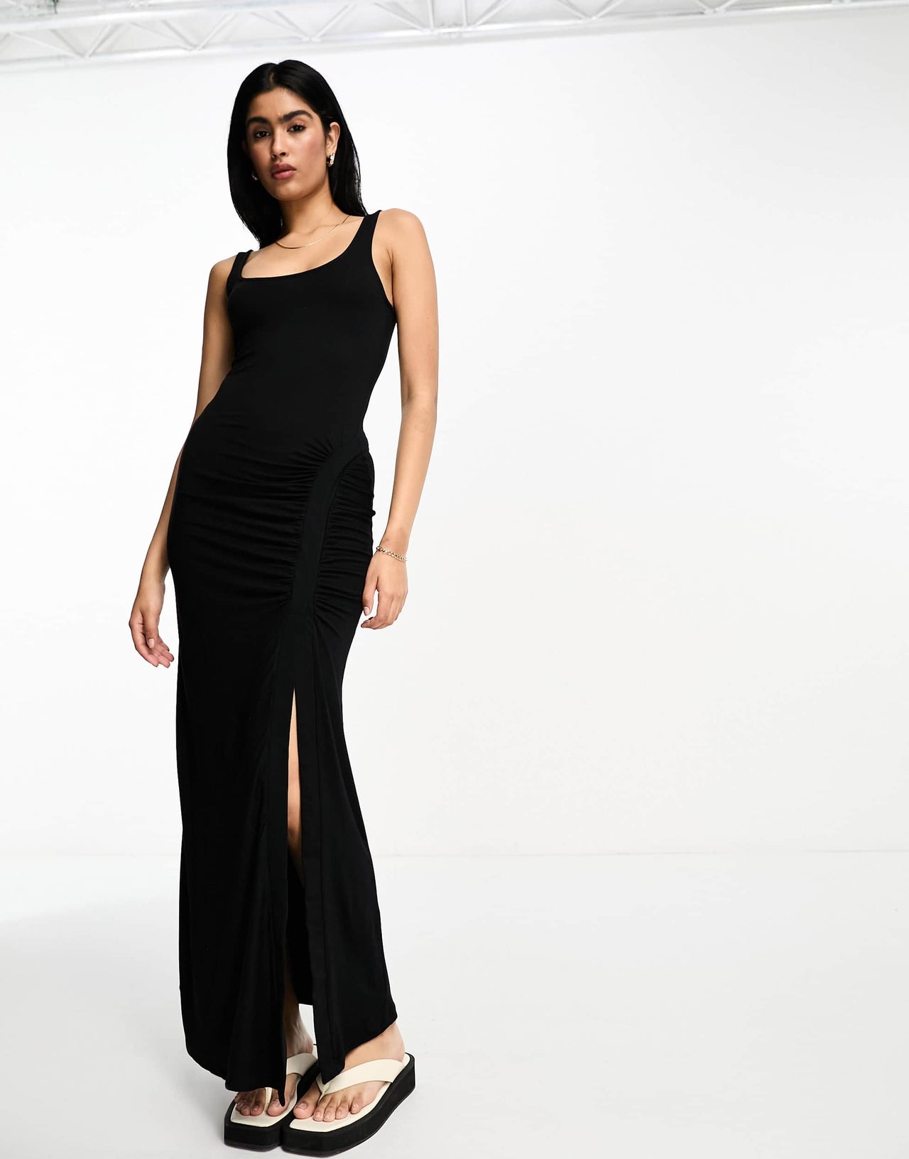 ASOS DESIGN scoop drape midi dress with ruched seam and poppers in black - BLACK