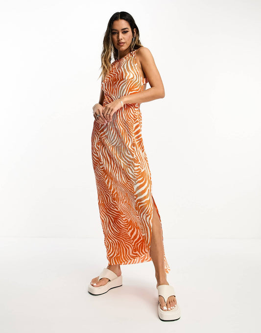 ASOS DESIGN plisse elastic strappy back midi dress in orange zebra