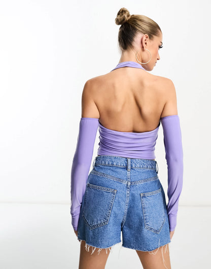 ASOS DESIGN halter top with cold shoulder in purple