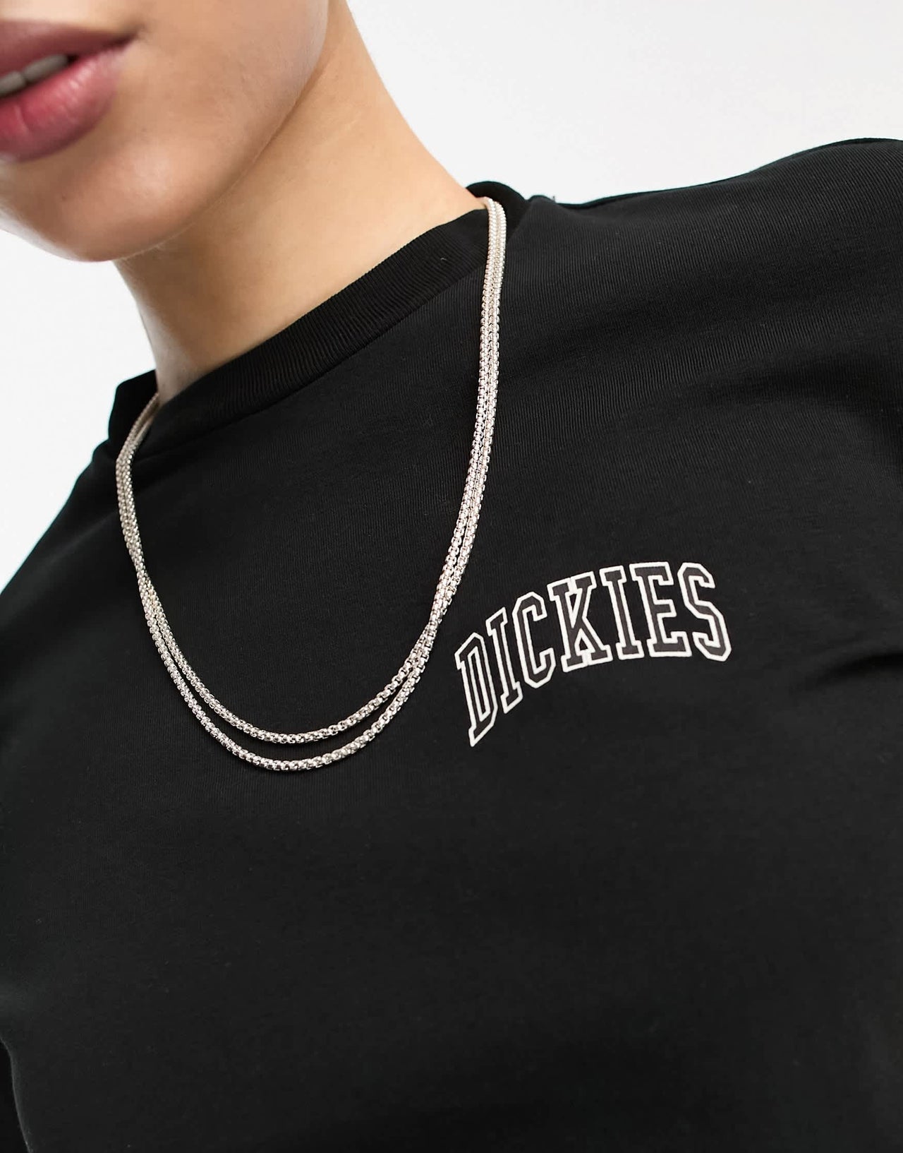 Dickies aitkin left chest varsity logo crop baby t-shirt in black exclusive to asos