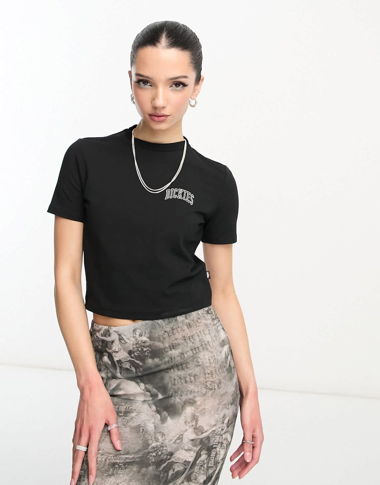 Dickies aitkin left chest varsity logo crop baby t-shirt in black exclusive to asos