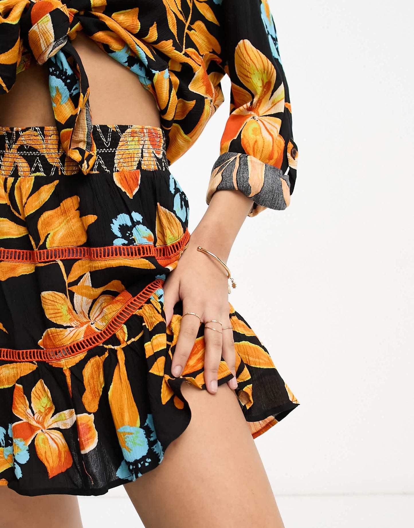 River Island shirred mini beach skirt co-ord in black tropical print