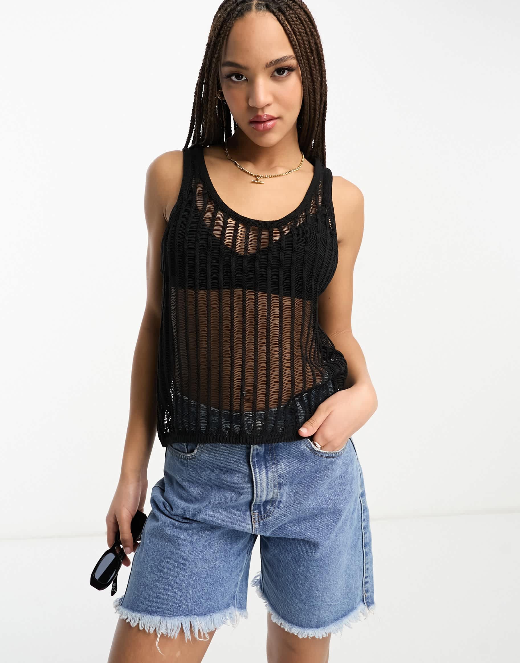 Pull&Bear frayed knit vest top in black