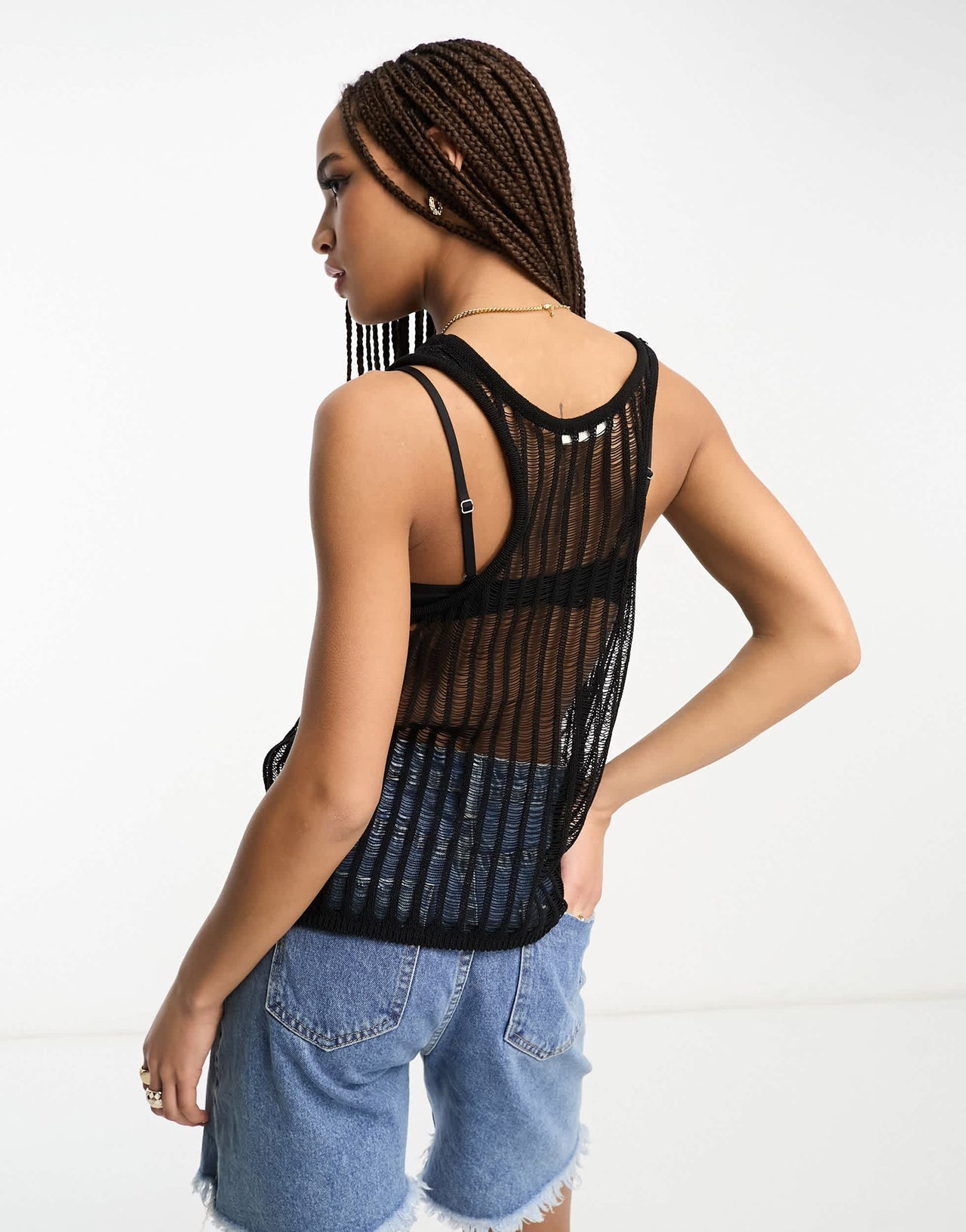 Pull&Bear frayed knit vest top in black