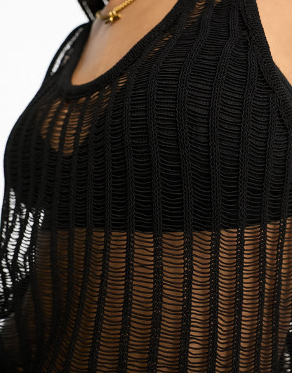 Pull&Bear frayed knit vest top in black
