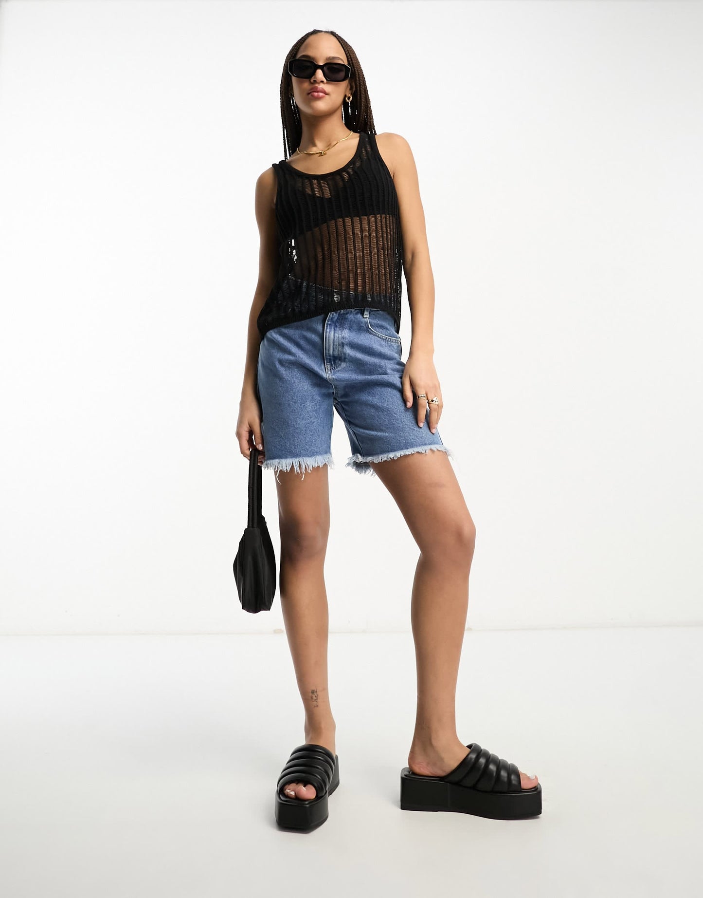Pull&Bear frayed knit vest top in black