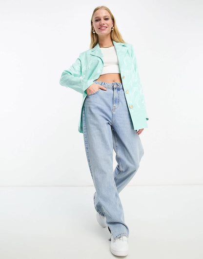 River Island co-ord soft jacquard tie waist blazer in turquoise