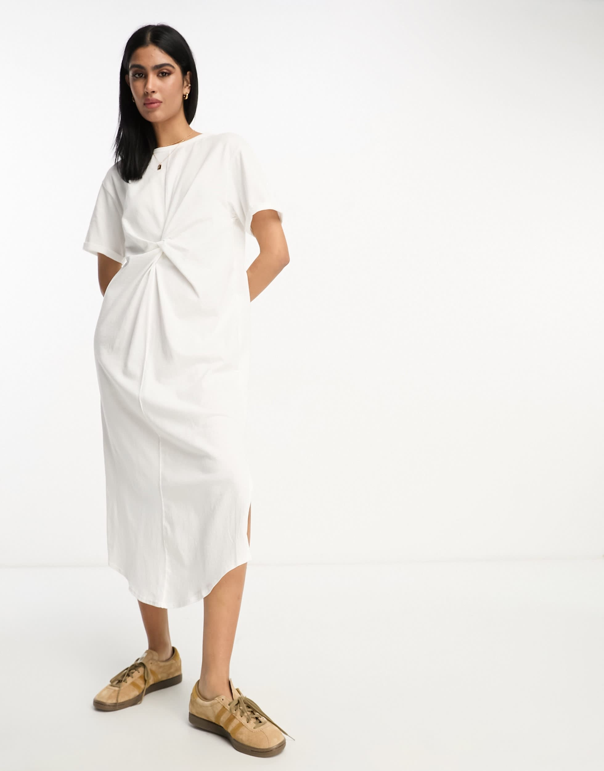 River Island twist front midi t-shirt dress in white