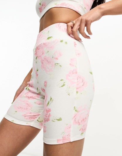 Miss Selfridge rose print legging short co-ord in white