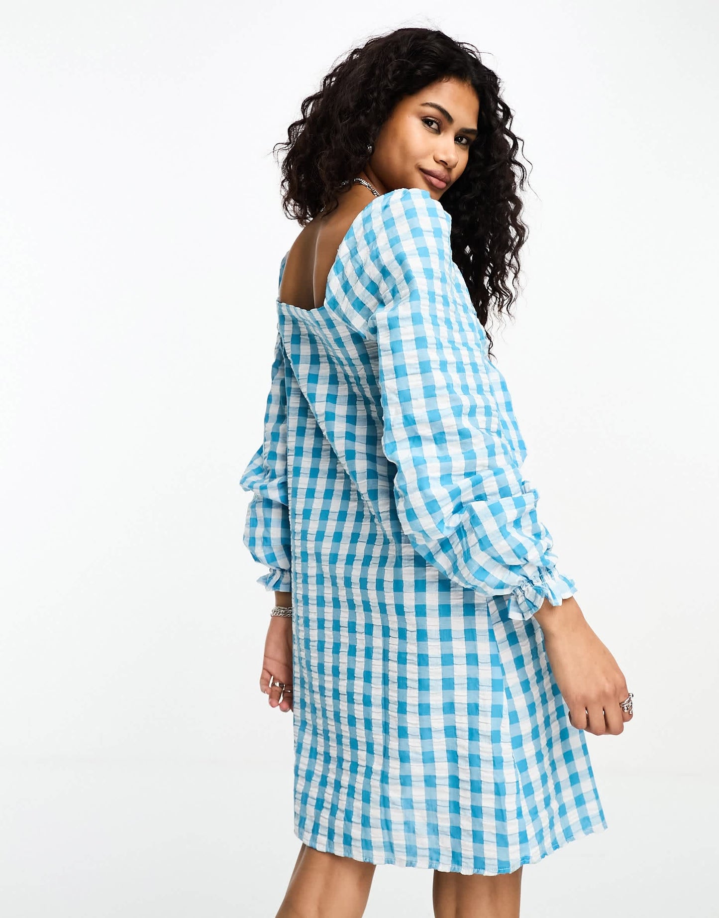 Only bow detail smock mini dress in blue gingham