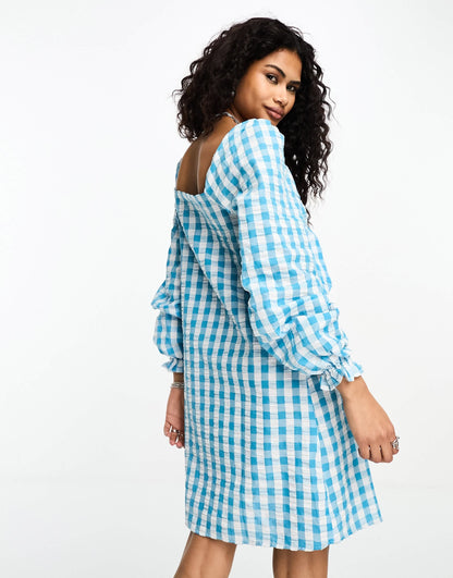 Only bow detail smock mini dress in blue gingham
