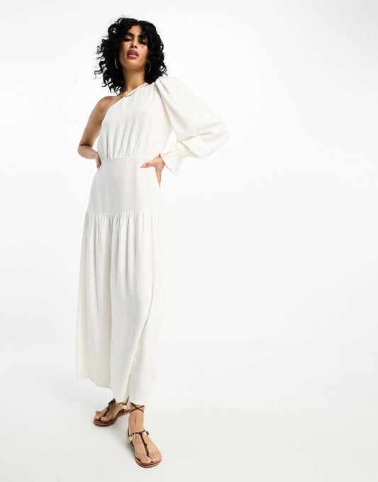 ASOS DESIGN one shoulder linen midi dress in white