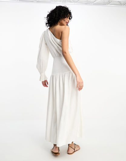 ASOS DESIGN one shoulder linen midi dress in white