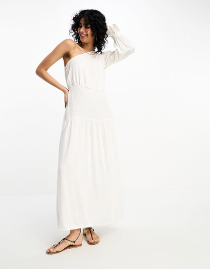 ASOS DESIGN one shoulder linen midi dress in white