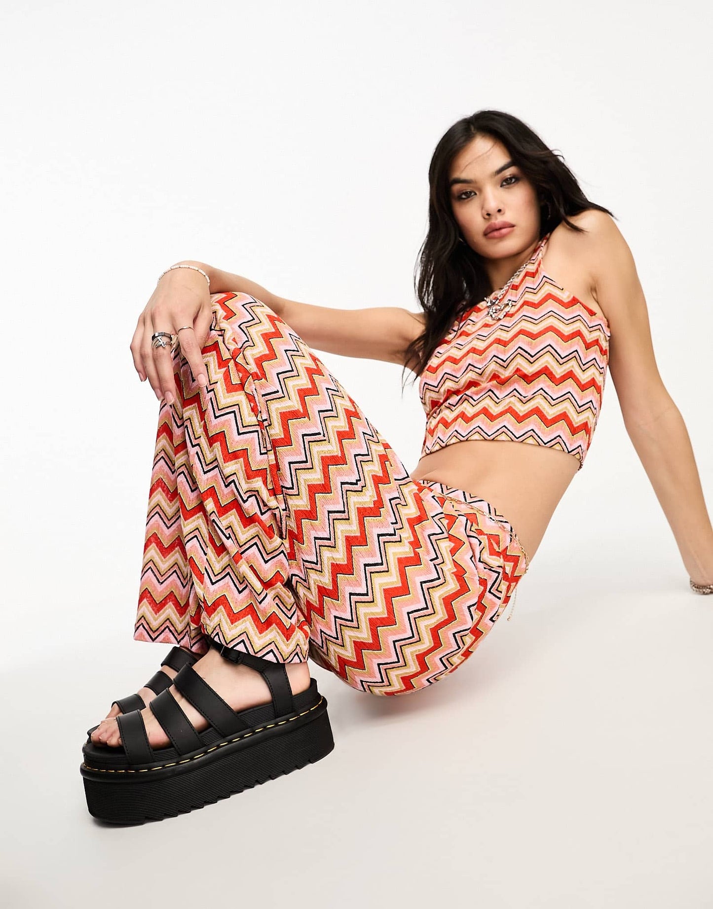 Only boho straight leg trouser co-ord in multi zig zag print