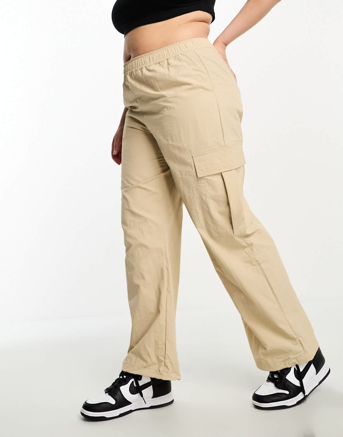 Only Curve wide leg parachute pants in beige