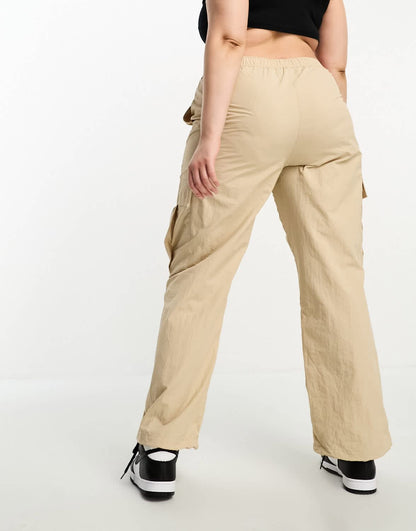 Only Curve wide leg parachute pants in beige