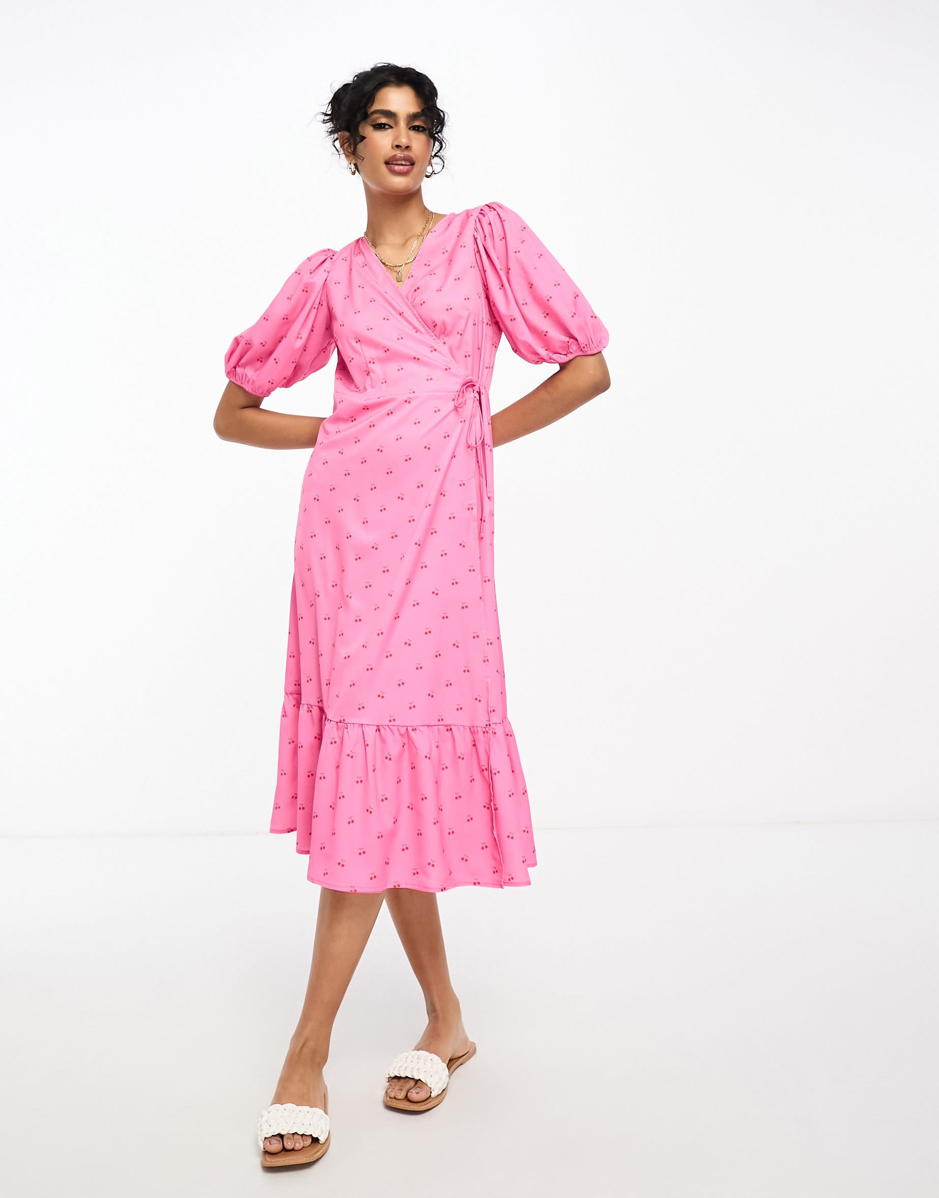 Y.A.S midi wrap dress in pink with cherry print